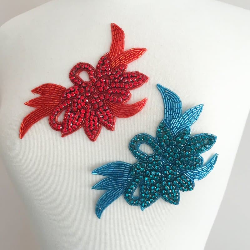 Three Flowers with Leaves Bead Sequin Applique - Shine Trim
