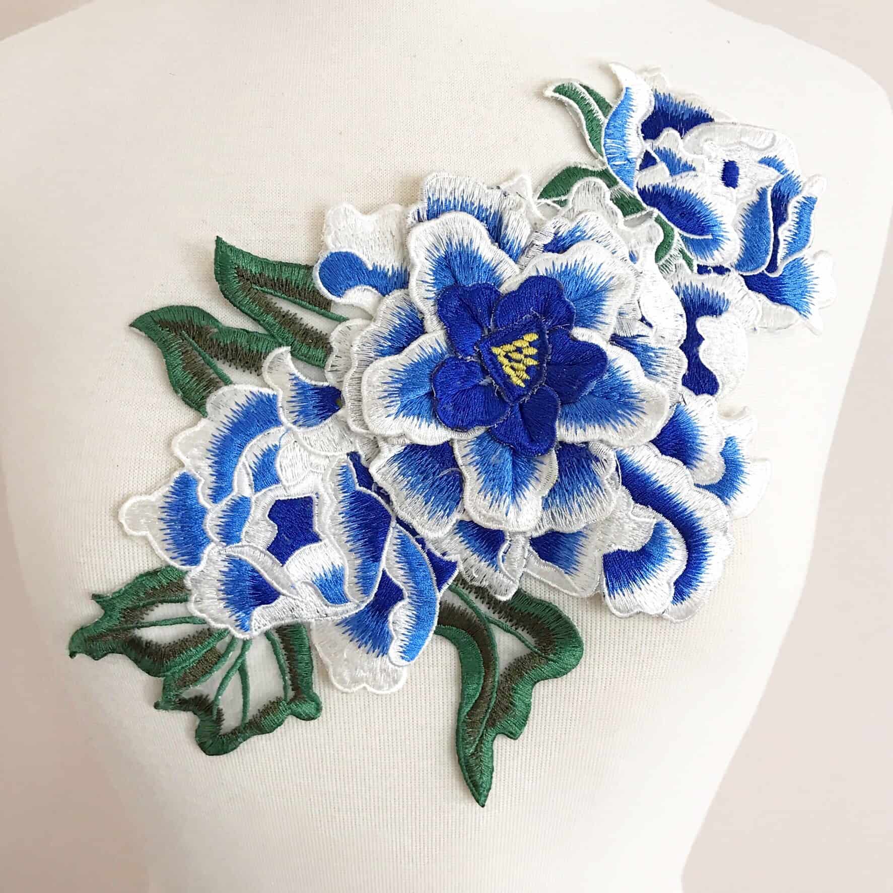 3D Applique Embroidered Floral Blue Rose Craft Patch