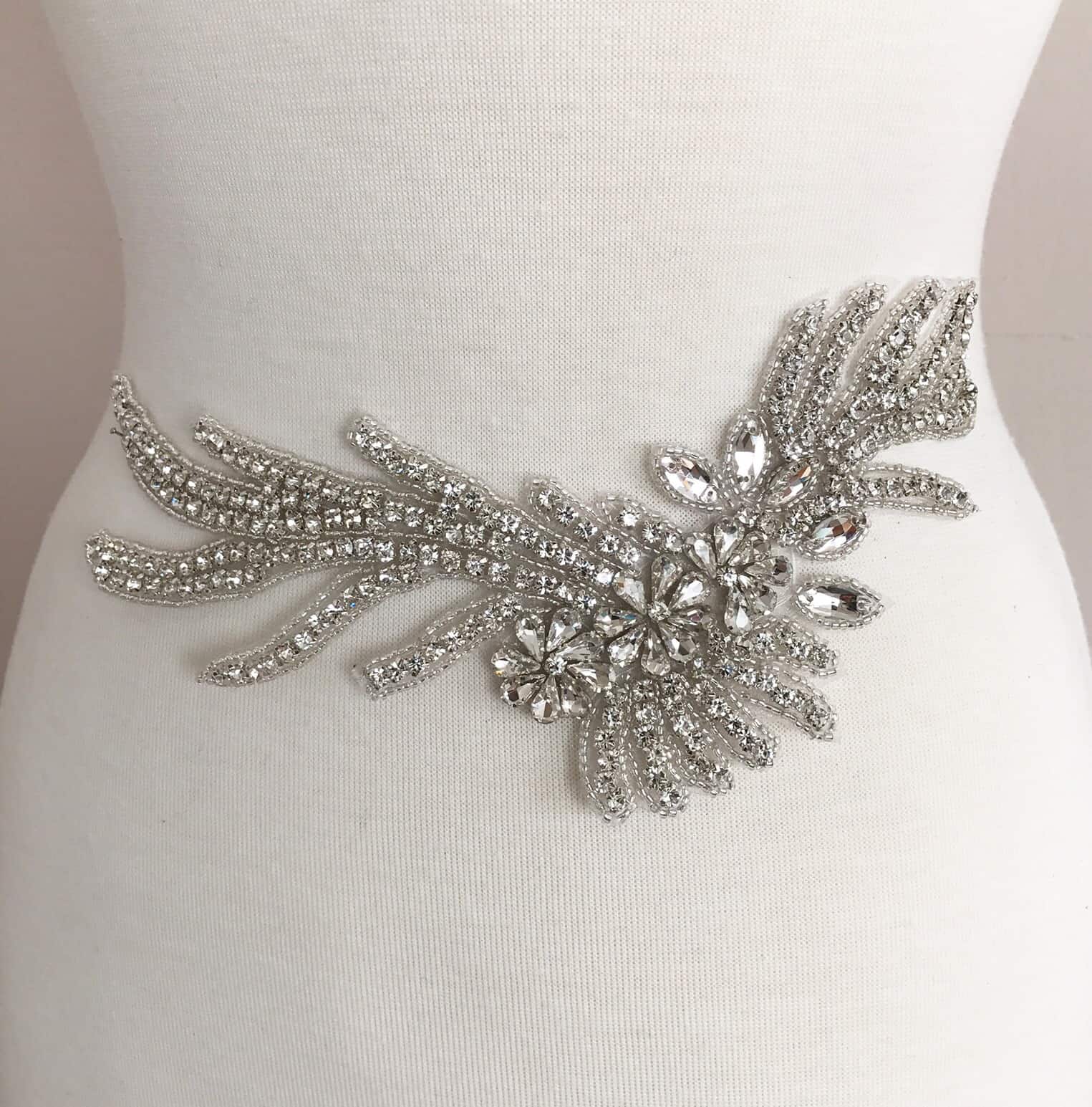 Silver Rhinestone Ribbon Beaded Iron On Applique Trim Bridal Embellishments