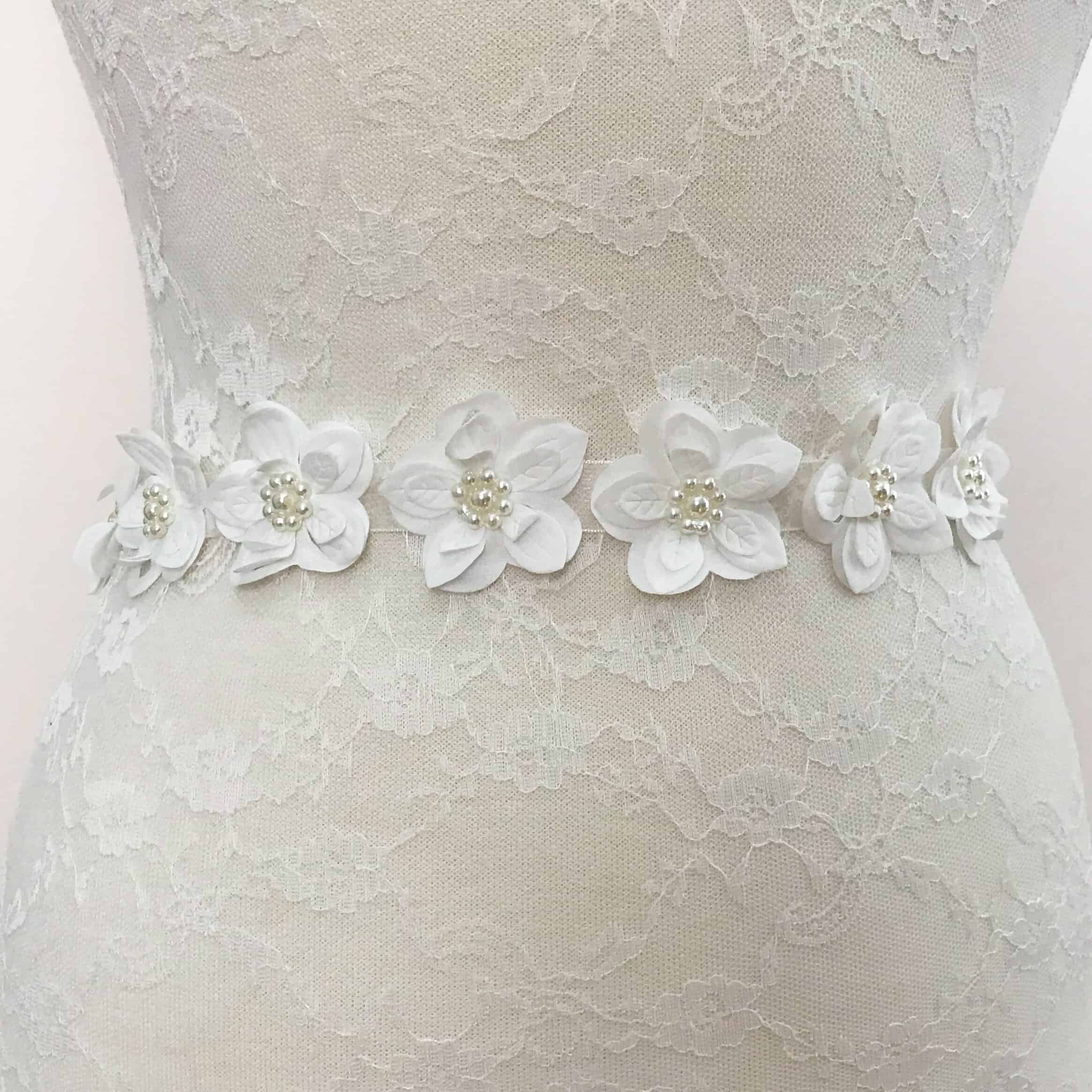 White Satin Cut-Out Fabric Flower Trim with Pearls - Shine Trim