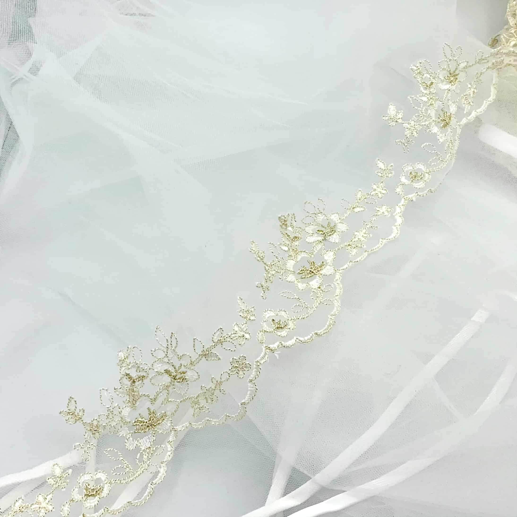 Double-Scalloped Floral Corded Lace Trim - Off-White/Aurora Borealis